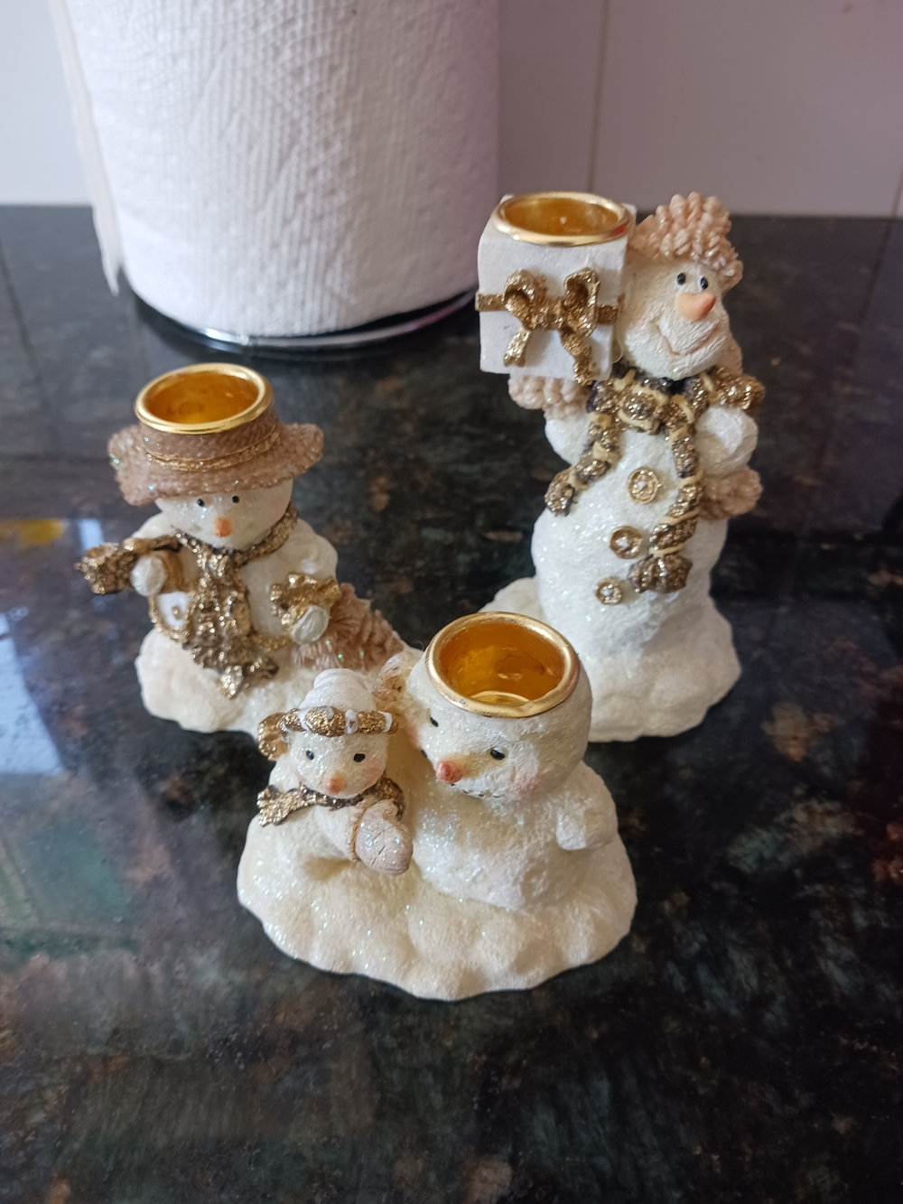 Gold-Accent White Snowman Tea Light Holders - Holiday Decor